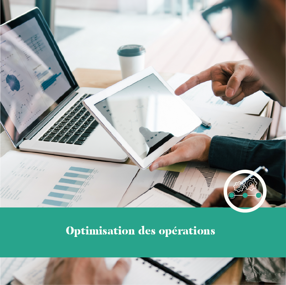 La consultante montre au dirigeant sur un écran le résultat de son analyse d'optimisation